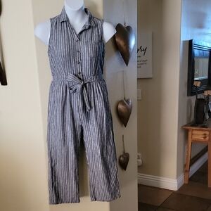 FUN & FLIRT Jumpsuit Collared Sleeveless Blue White Stripes Size L
